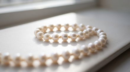 A knotted strand of white pearls curled on a pale surface in window light, a bright sharp reflection running across the pearls and the silk knots showing between them