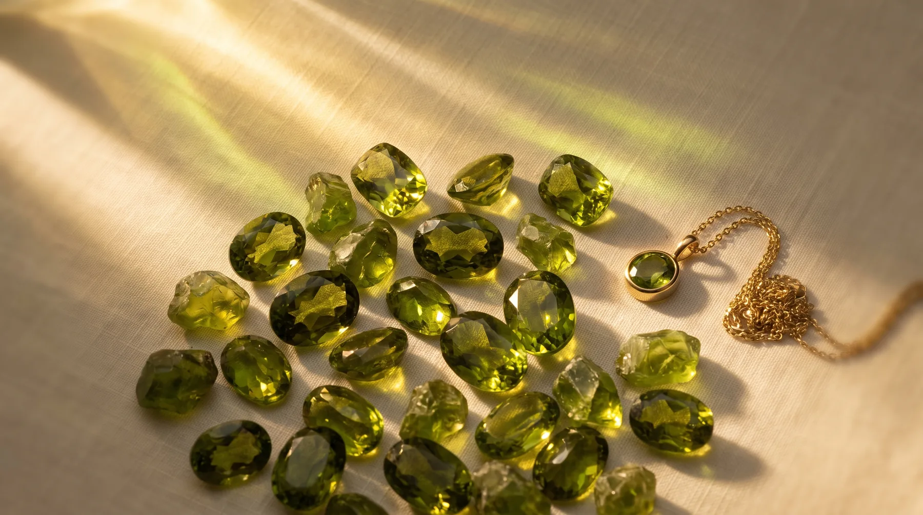 Loose faceted peridot gemstones scattered on a cream fabric surface beside a gold chain necklace with a round peridot pendant, lit by warm sunlight.