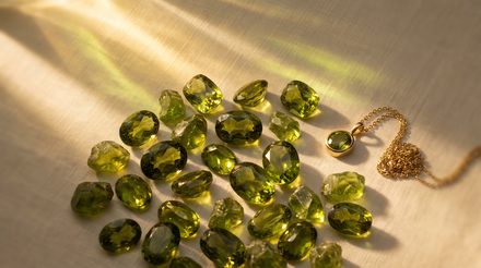 Loose faceted peridot gemstones scattered on a cream fabric surface beside a gold chain necklace with a round peridot pendant, lit by warm sunlight.