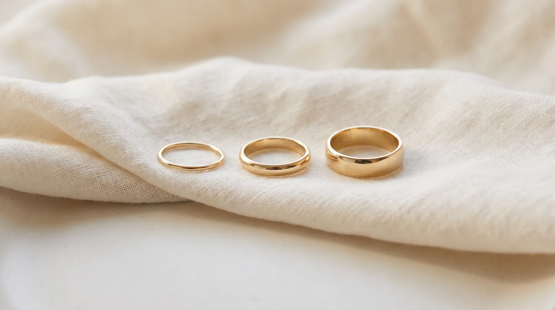 Three plain polished yellow gold bands lying in a row on cream linen, from a narrow band on the left to a wide band on the right.