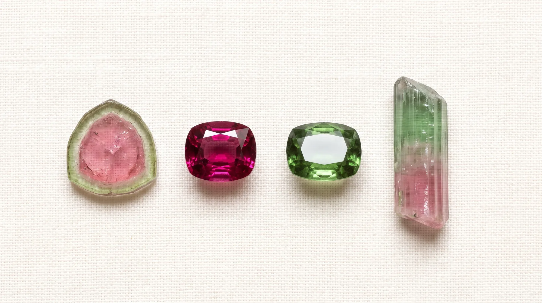 Four tourmalines on ivory linen: a watermelon slice with a pink core inside a green rind, a faceted deep pink rubellite, a faceted green stone, and a striated crystal shading from green to pink