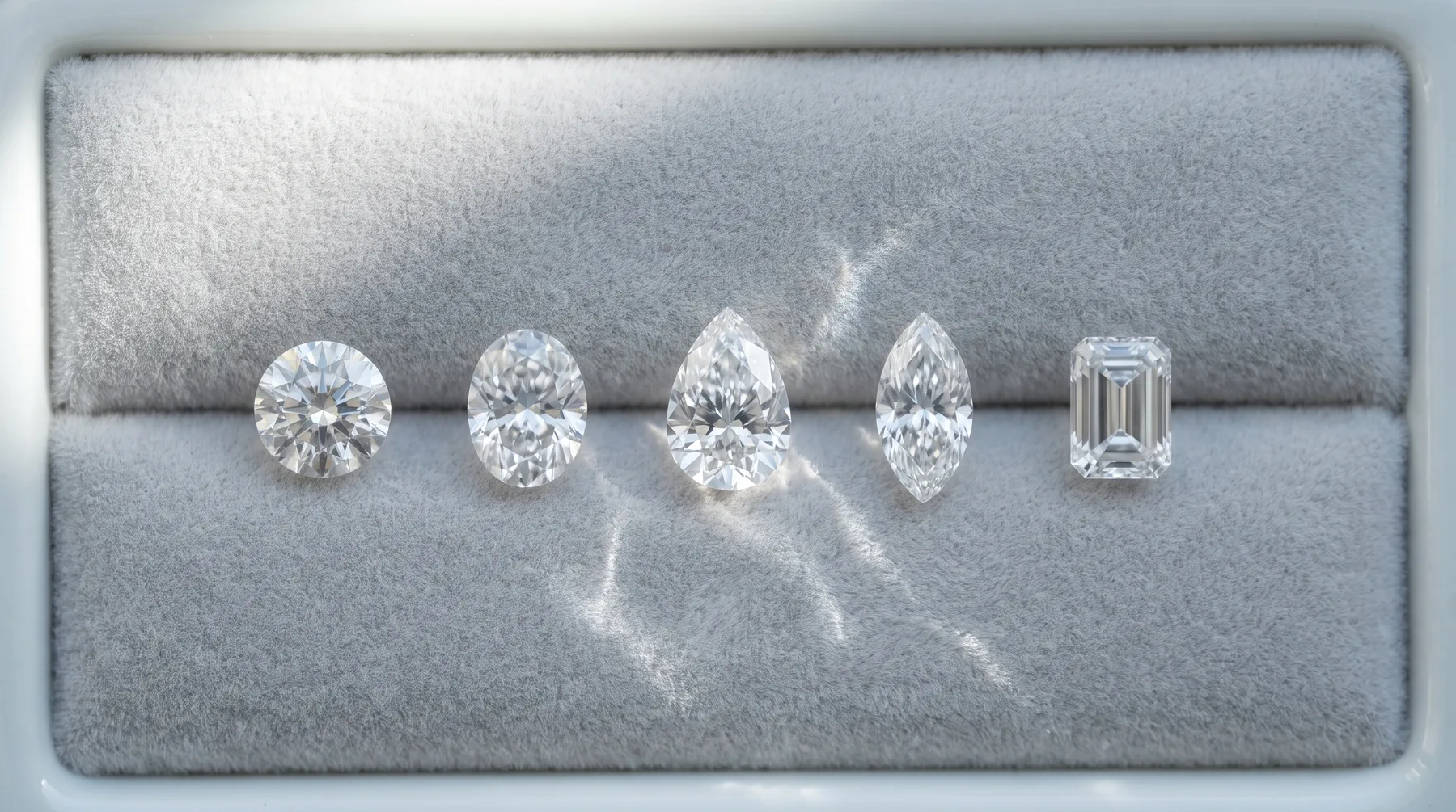 Five loose diamonds of varying cuts displayed in a row on a gray fabric surface: round brilliant, oval, pear, marquise, and emerald cuts.