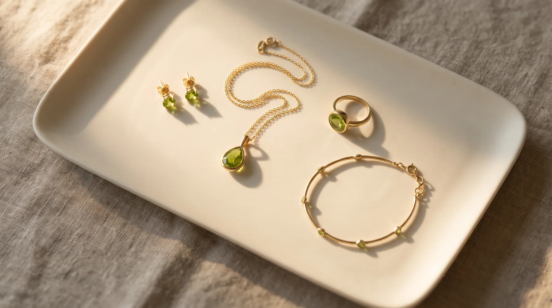 Four gold jewellery pieces with green peridot stones — stud earrings, a pendant necklace, a ring, and a bracelet — arranged on a cream ceramic tray.