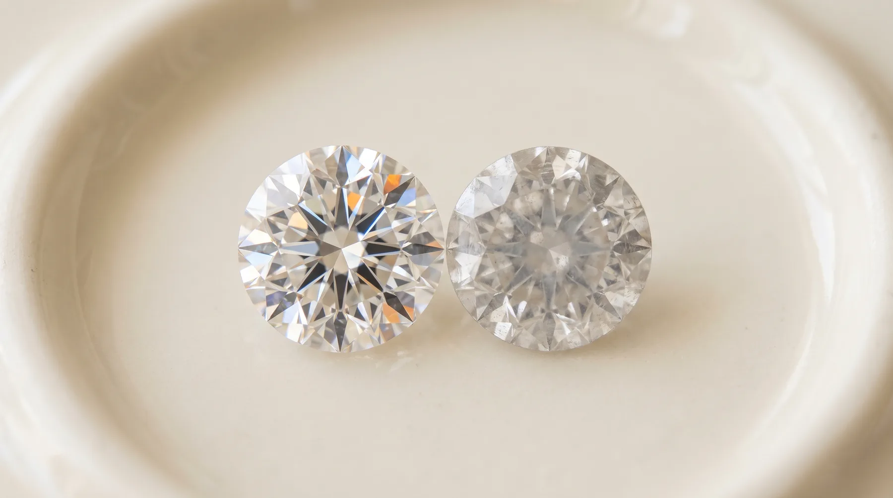 Two round brilliant diamonds of the same size side by side on a pale porcelain dish: the left stone bright and crisply faceted, the right stone hazy and flat with a milky centre