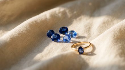 Five loose faceted blue sapphires in deep royal and cornflower tones grouped on cream linen in afternoon light, beside a yellow gold ring set with an oval blue sapphire.
