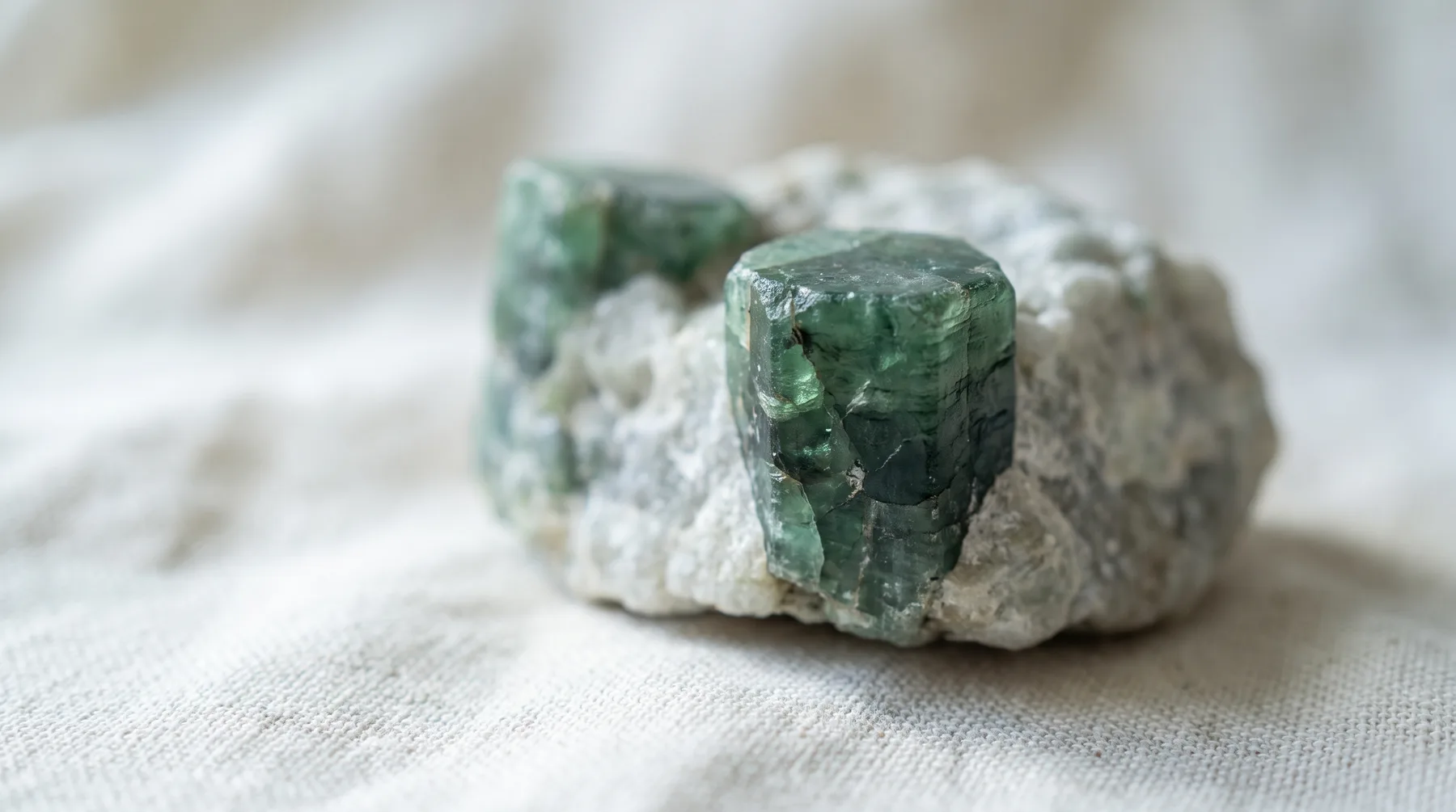 Rough emerald crystals still set in pale host rock, their blocky green faces unpolished, resting on ivory linen
