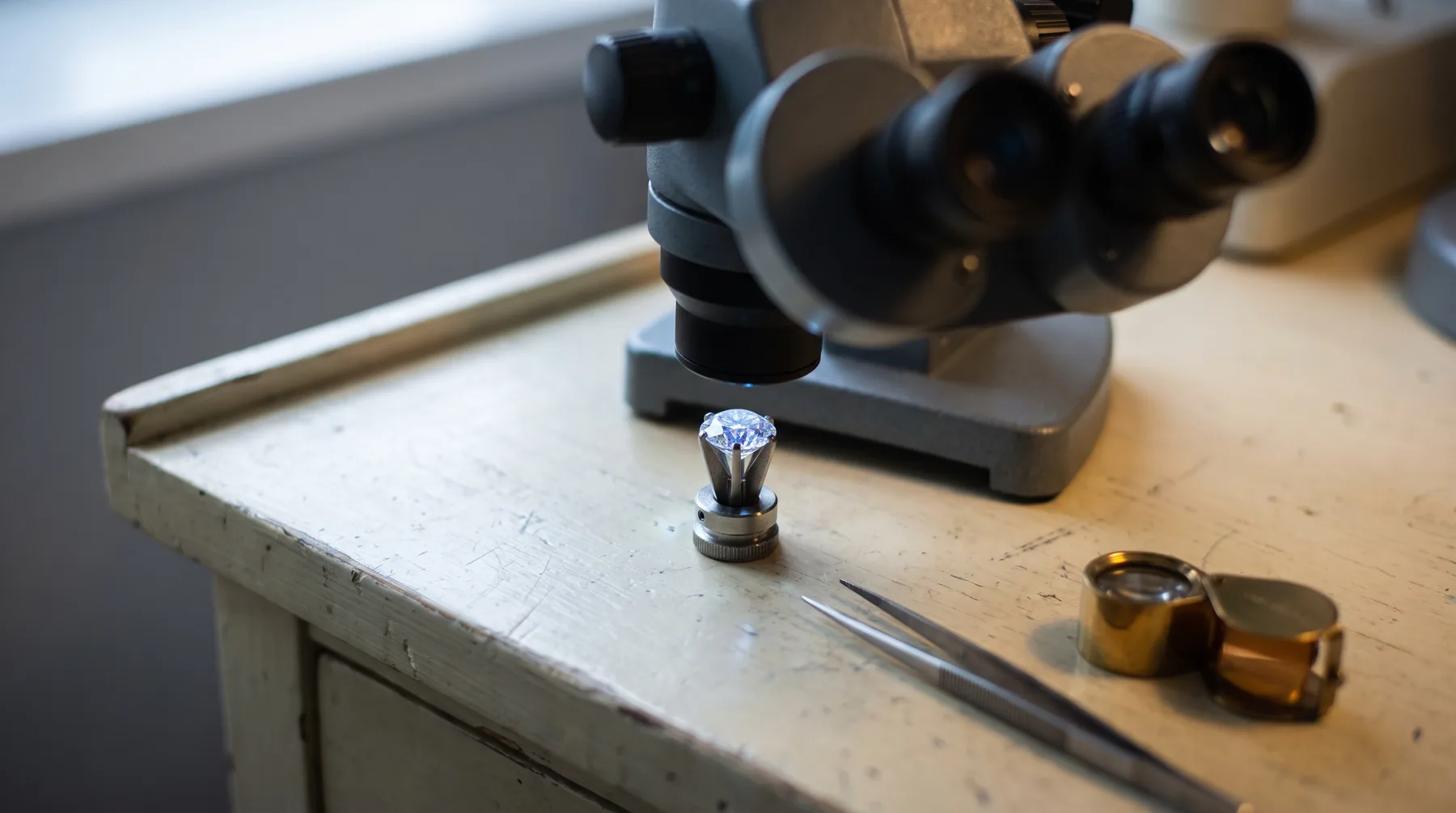 A loose round brilliant diamond clamped in a stone holder beneath the objective of a binocular gemological microscope on a worn workbench, with steel tweezers and a brass loupe alongside.