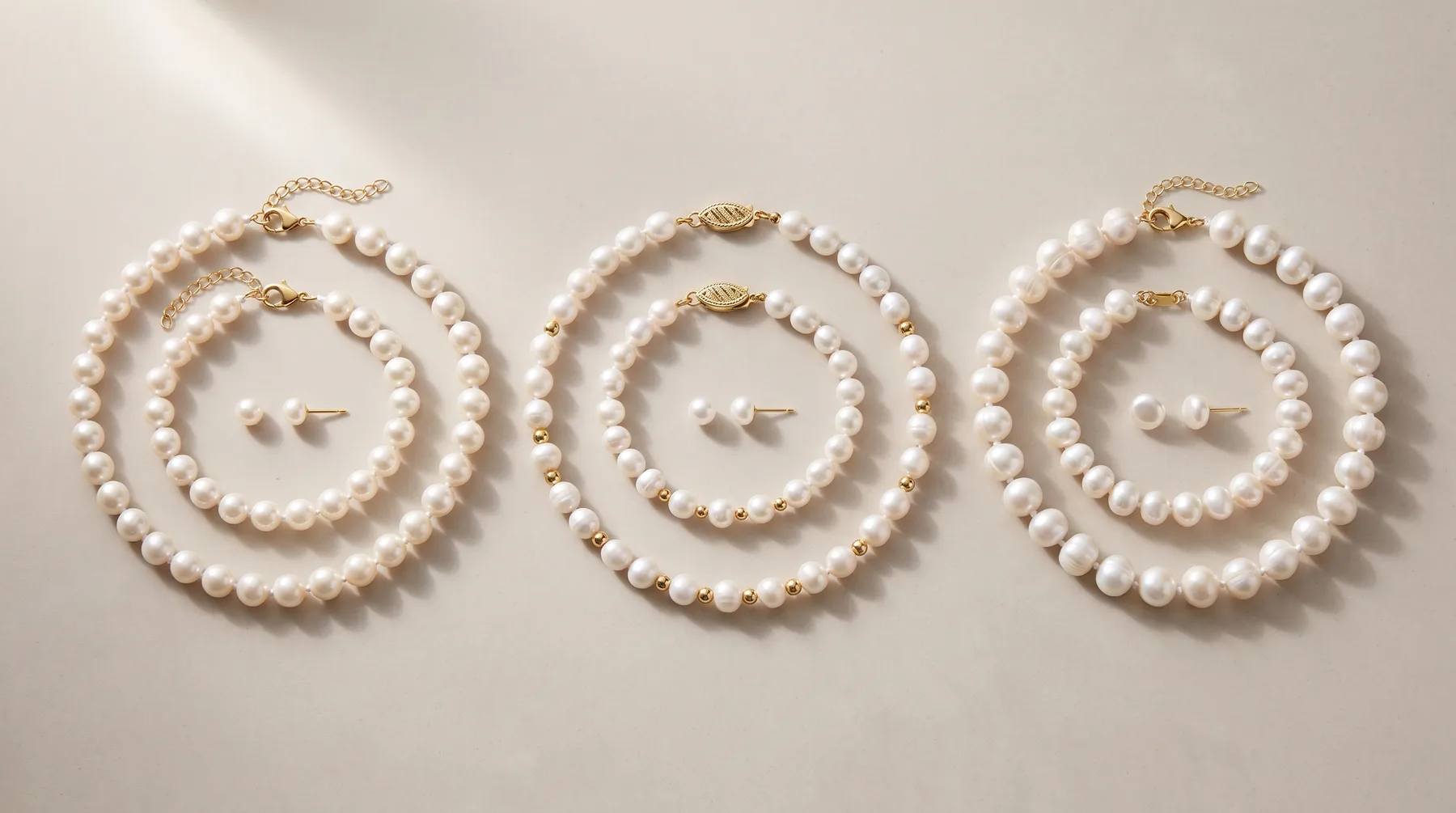Three pearl jewelry sets arranged in a row on a white surface, each consisting of a multi-strand bracelet with gold accents and matching pearl stud earrings.