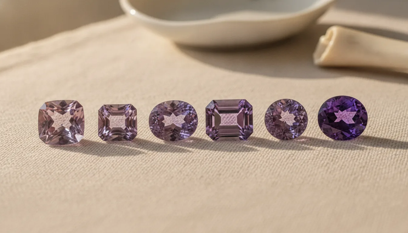 Six loose amethysts arranged from palest lilac to deepest royal purple on ivory linen