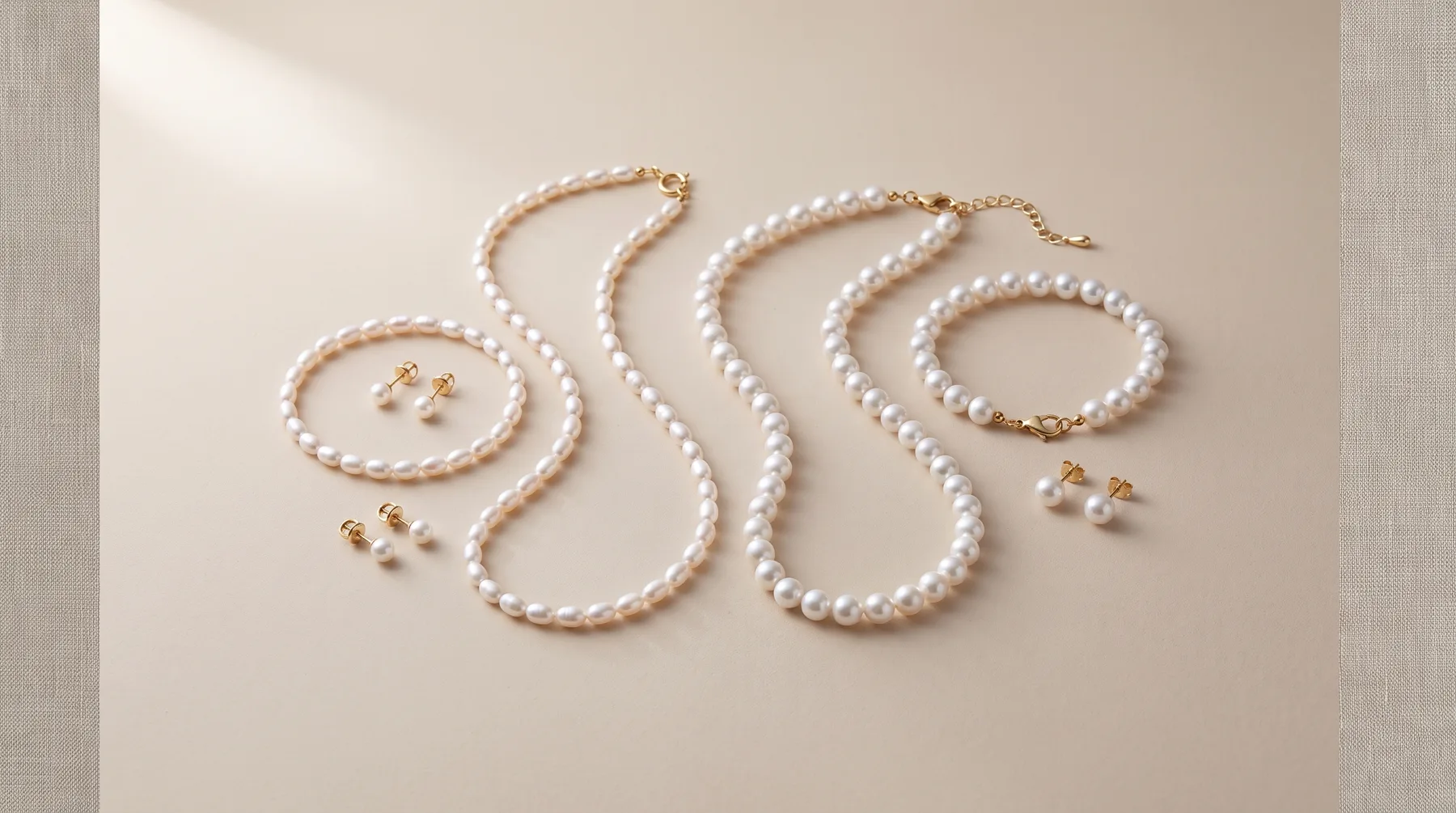 Pearl necklaces, bracelets, and stud earrings in white and gold tones arranged on a neutral beige surface.