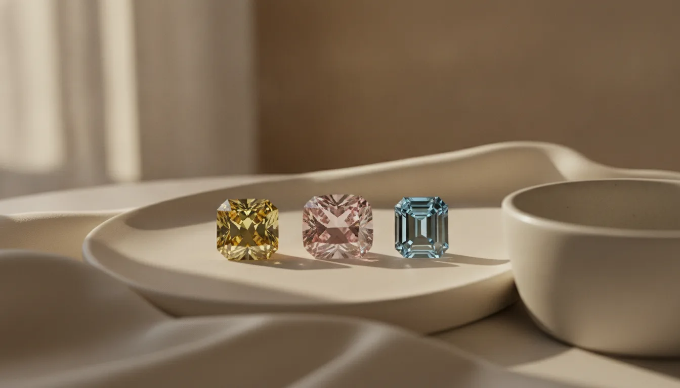 Three fancy color diamonds on ivory silk: a canary yellow radiant cut, a soft pink cushion cut, and an ice blue emerald cut