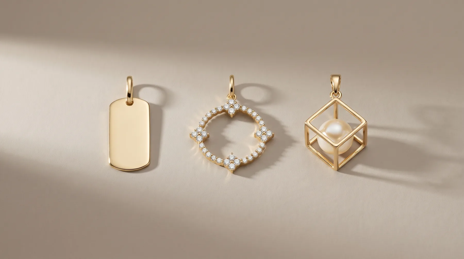 Three gold pendants displayed on a beige surface: a plain rectangular tag, a square charm outlined with pearls, and a geometric cube cage holding a pearl.