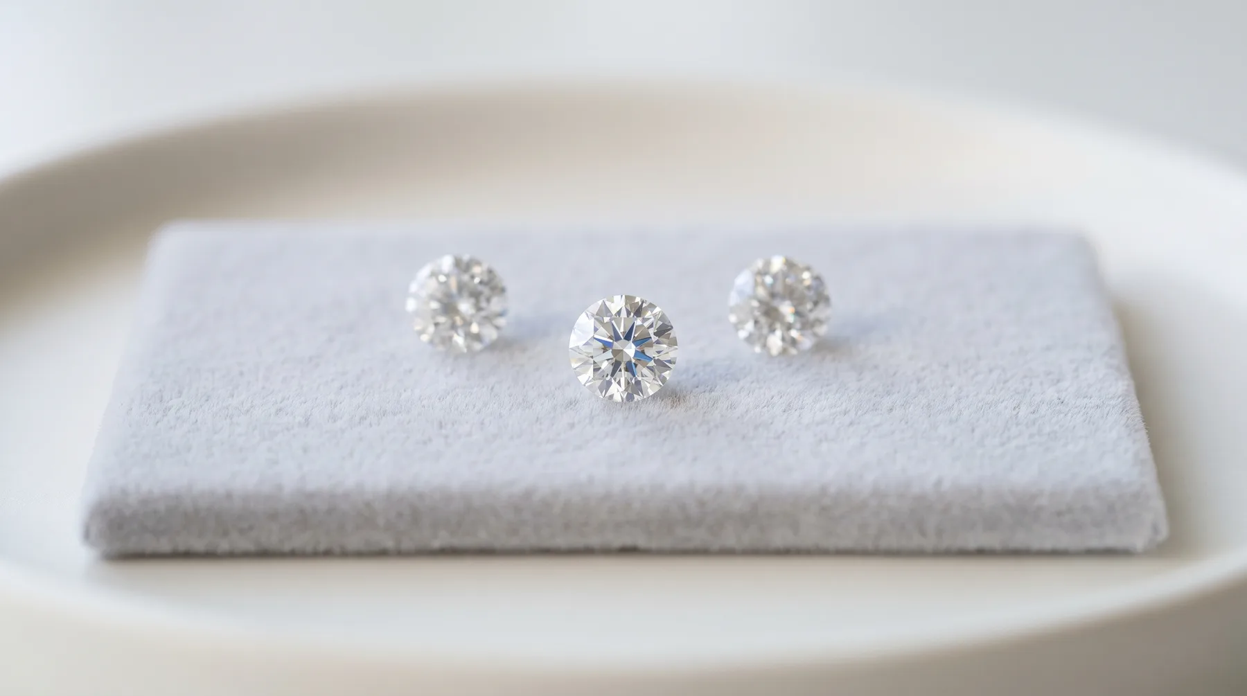 Three colorless round brilliant stones of the same size set out in a row on a grey velvet pad in a pale ceramic tray.