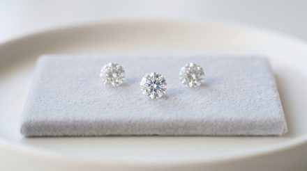 Three colorless round brilliant stones of the same size set out in a row on a grey velvet pad in a pale ceramic tray.