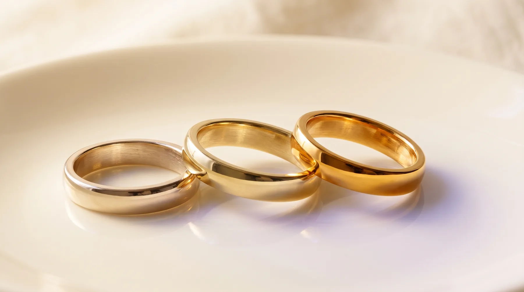Three gold wedding bands resting on a white ceramic dish, their color deepening from pale champagne yellow to rich warm yellow gold.