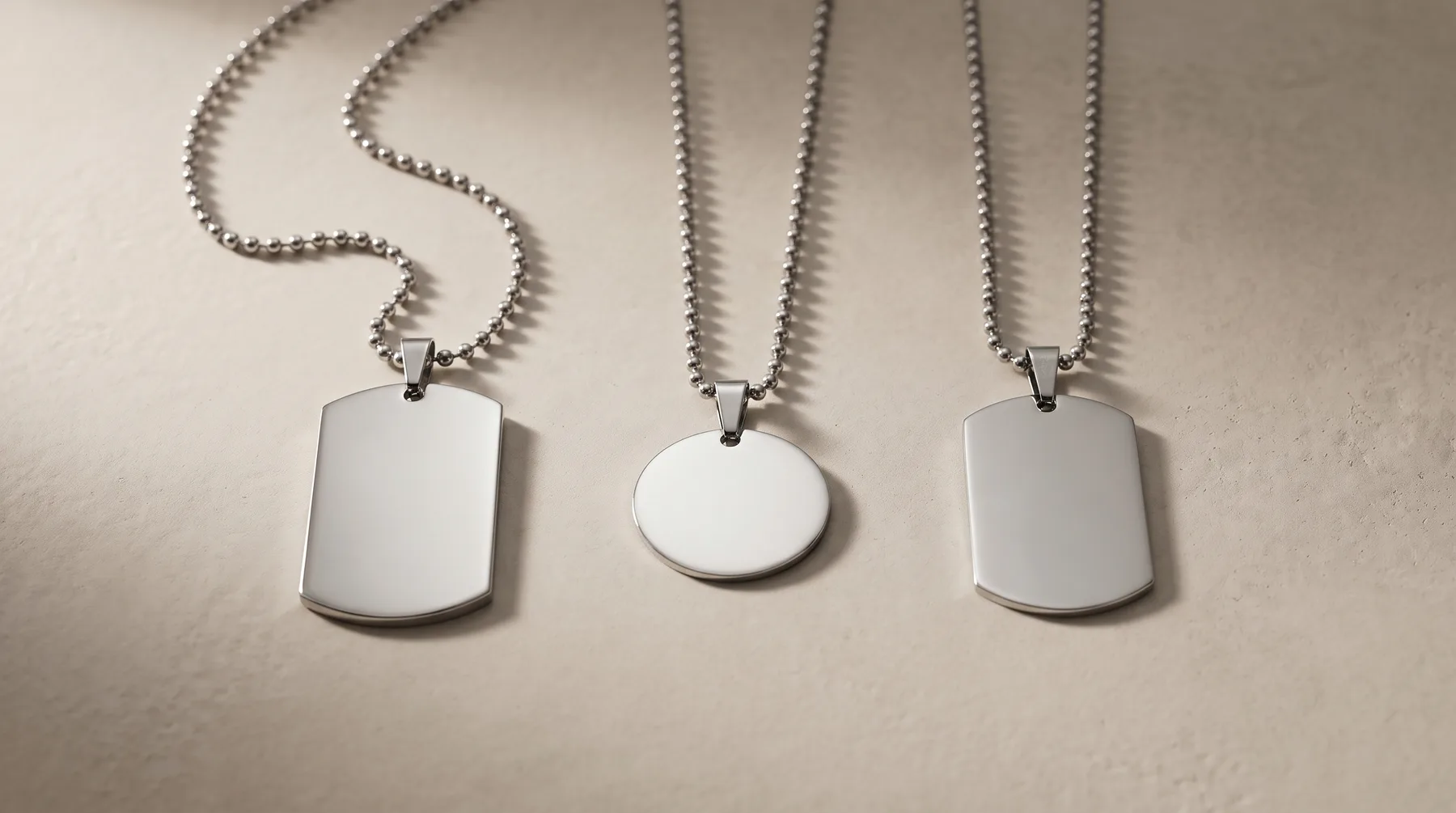 Three silver ball-chain necklaces with blank pendants: two rectangular dog tags and one circular disc, arranged on a light surface.