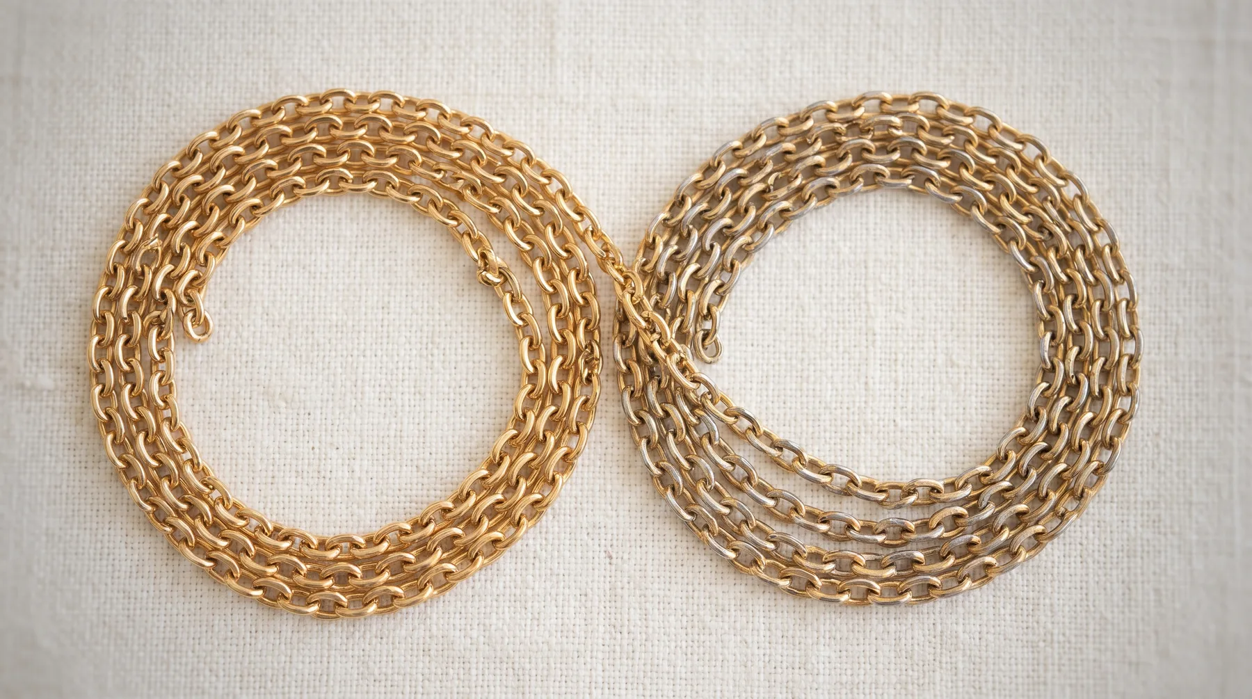 Two fine gold-coloured chains coiled side by side on ivory linen: the left one evenly warm gold along its length, the right one showing dull silver-grey metal at the worn links