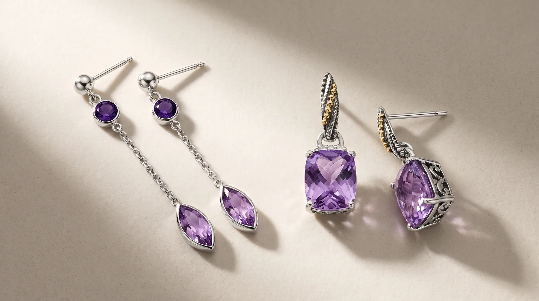 Two pairs of silver earrings with purple amethyst stones displayed on a neutral background, including drop-style and cushion-cut designs.