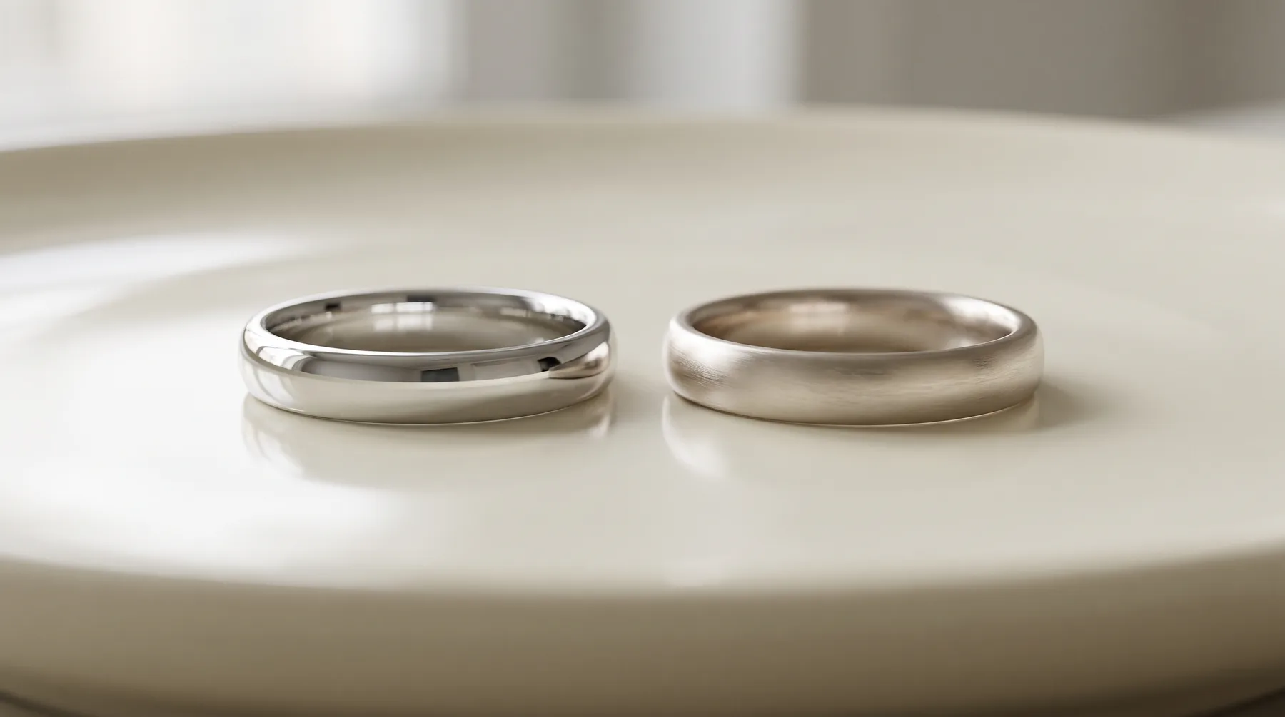 Two white metal wedding bands of the same shape side by side on a pale dish: the left one bright mirror white, the right one slightly warmer with a fine satin surface of tiny marks