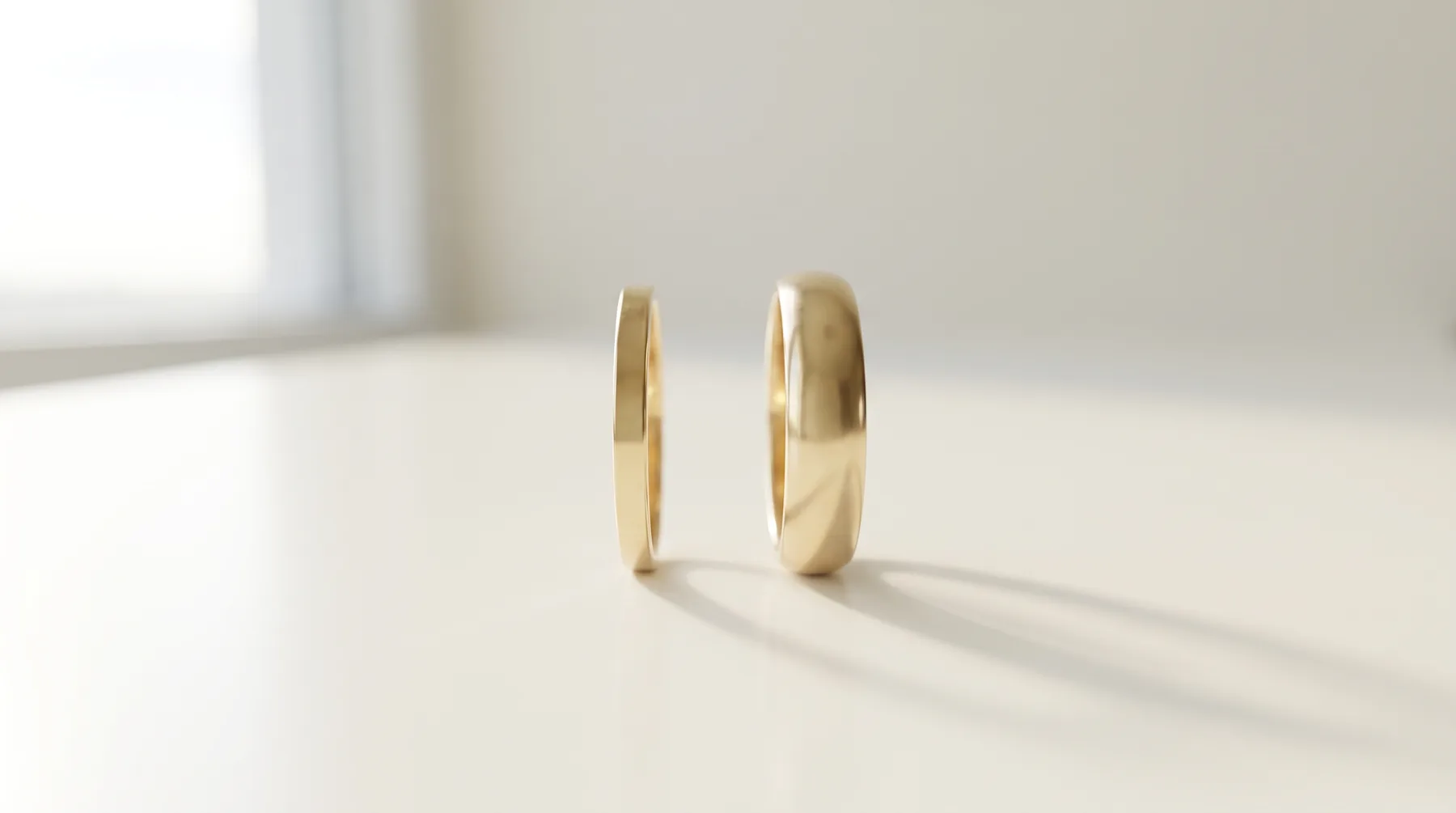 Two plain yellow gold wedding bands of the same width standing on edge on a pale surface: the left band thin and flat in profile, the right band noticeably thicker and domed