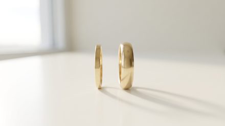 Two plain yellow gold wedding bands of the same width standing on edge on a pale surface: the left band thin and flat in profile, the right band noticeably thicker and domed