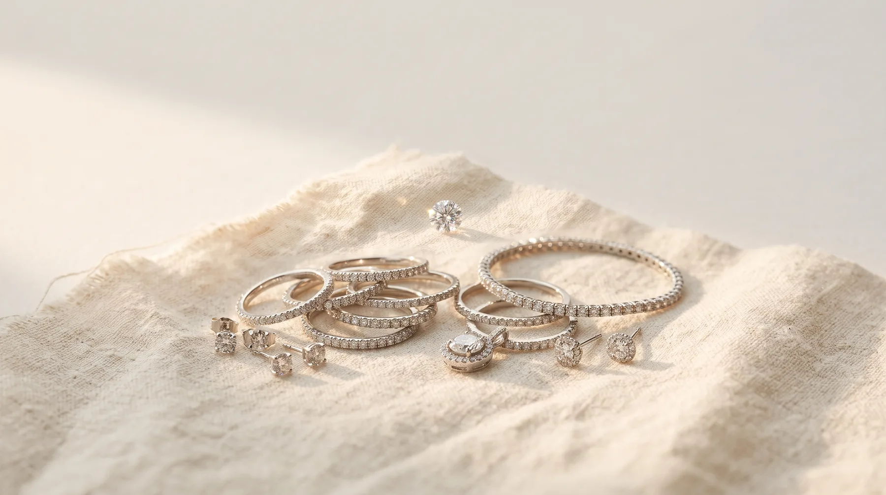 Multiple gold and diamond rings and bracelets arranged on a pile of white sand against a light background.