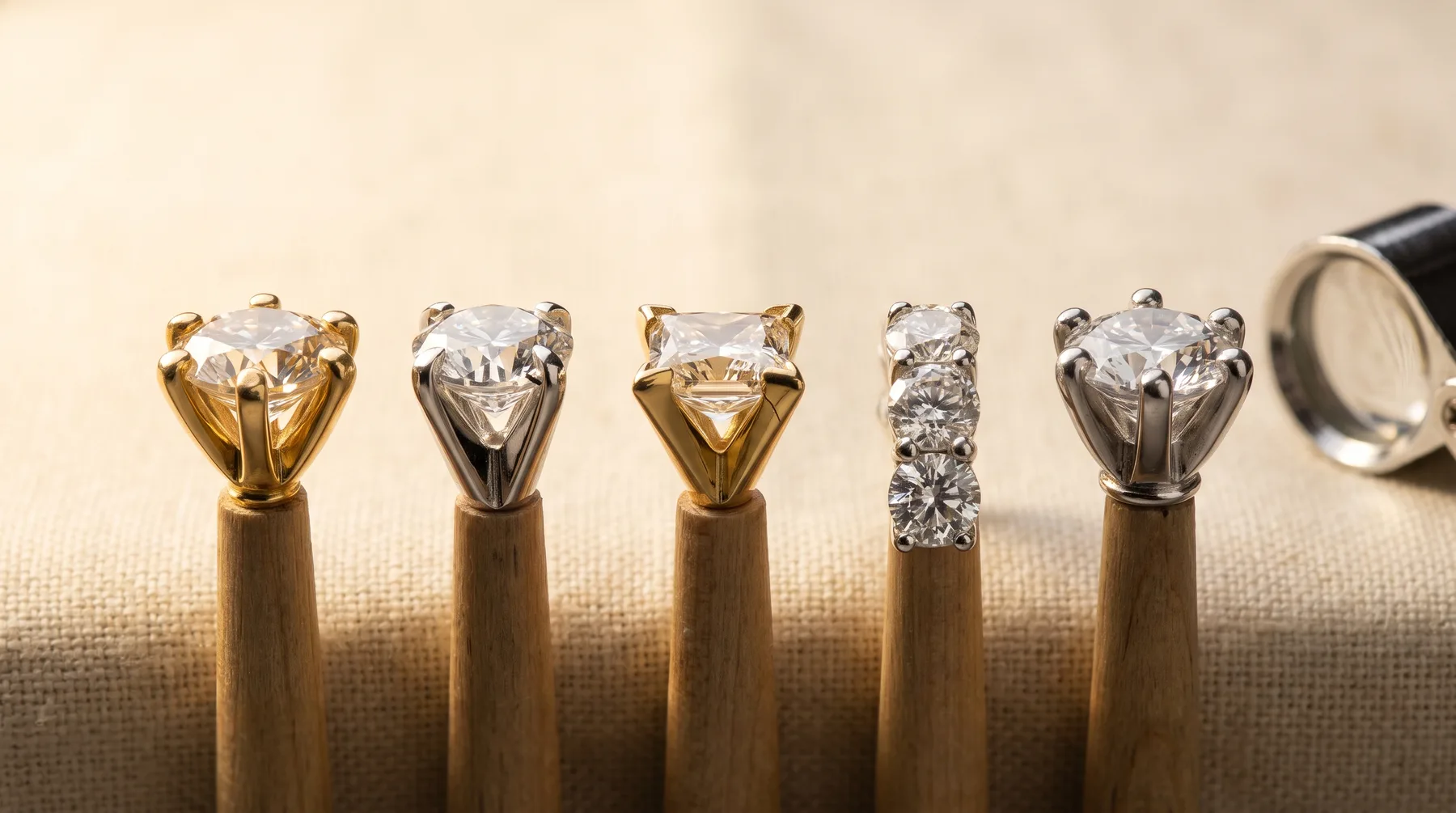 Five diamond rings with different settings, each mounted on a wooden display post: three solitaires in gold and white metal, a three-stone band, and a round-stone ring, with a jeweler's loupe at the right edge.