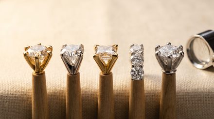 Five diamond rings with different settings, each mounted on a wooden display post: three solitaires in gold and white metal, a three-stone band, and a round-stone ring, with a jeweler's loupe at the right edge.