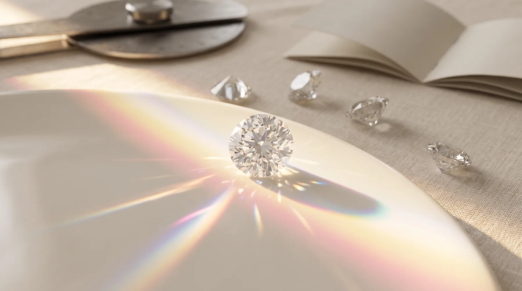 A round brilliant diamond resting on the rim of an ivory porcelain plate in low sunlight, throwing rainbow streaks across the glaze, with four smaller loose diamonds, an open notebook and a metal gauge on linen behind it.
