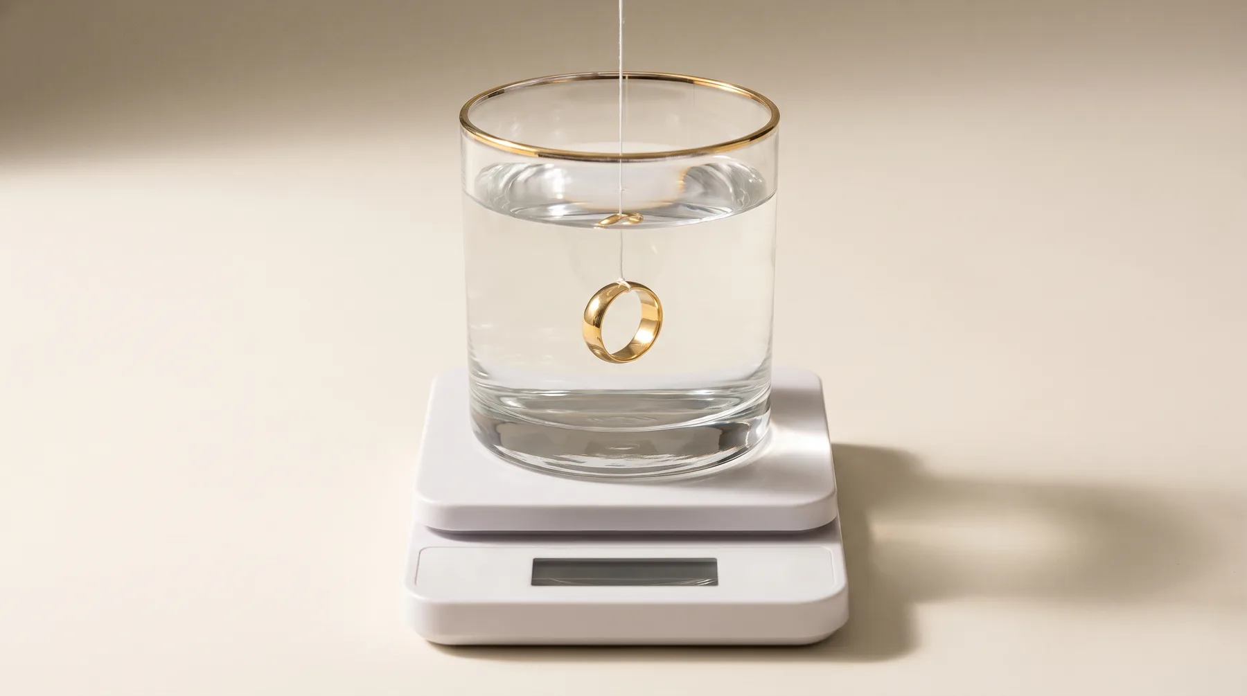 A plain gold ring hanging on a white thread, fully submerged in a glass of water that sits on a white digital kitchen scale