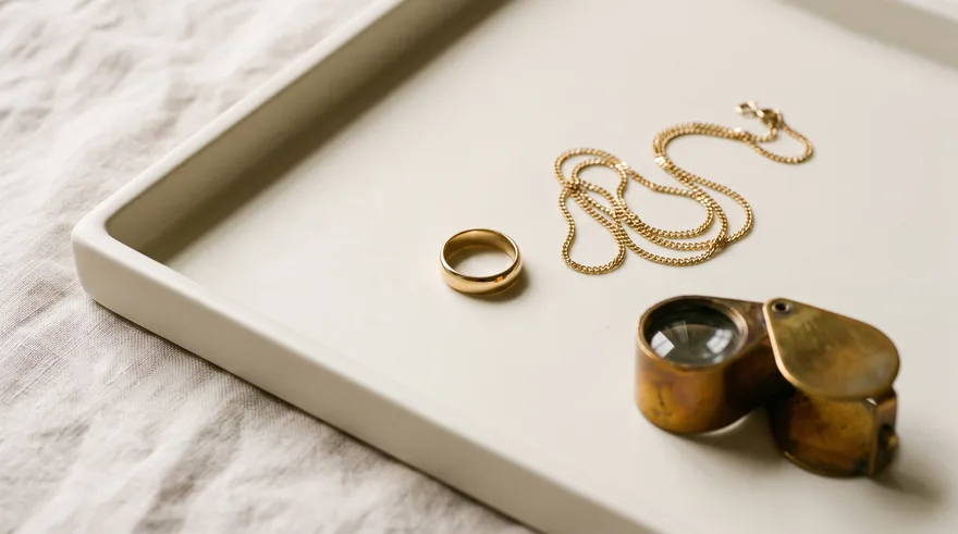 A plain yellow gold band, a fine gold curb chain and a brass jeweler's loupe resting on a matte ivory porcelain tray over linen
