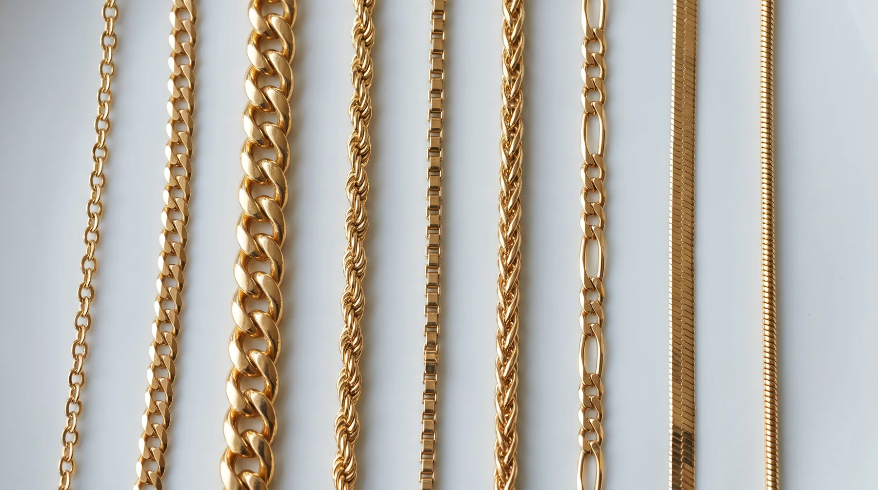 Nine yellow gold chains laid in parallel vertical rows on a pale gray surface, left to right: a fine cable chain of round links, a flat curb chain, a thick domed Cuban link, a twisted rope chain, a square box chain, a braided wheat chain, a Figaro chain alternating long and short links, a flat herringbone and a smooth round snake chain.