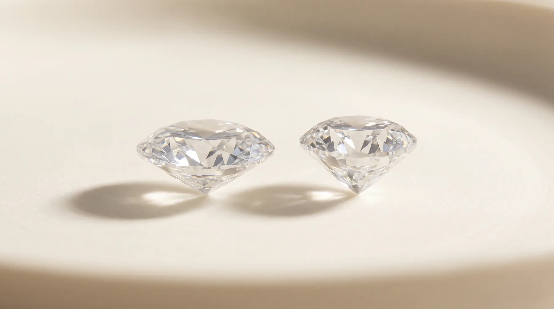 Two loose round brilliant diamonds standing side by side in profile on an ivory surface: the left stone is wider with a shallower pavilion, the right stone narrower with a deeper, more pointed pavilion.