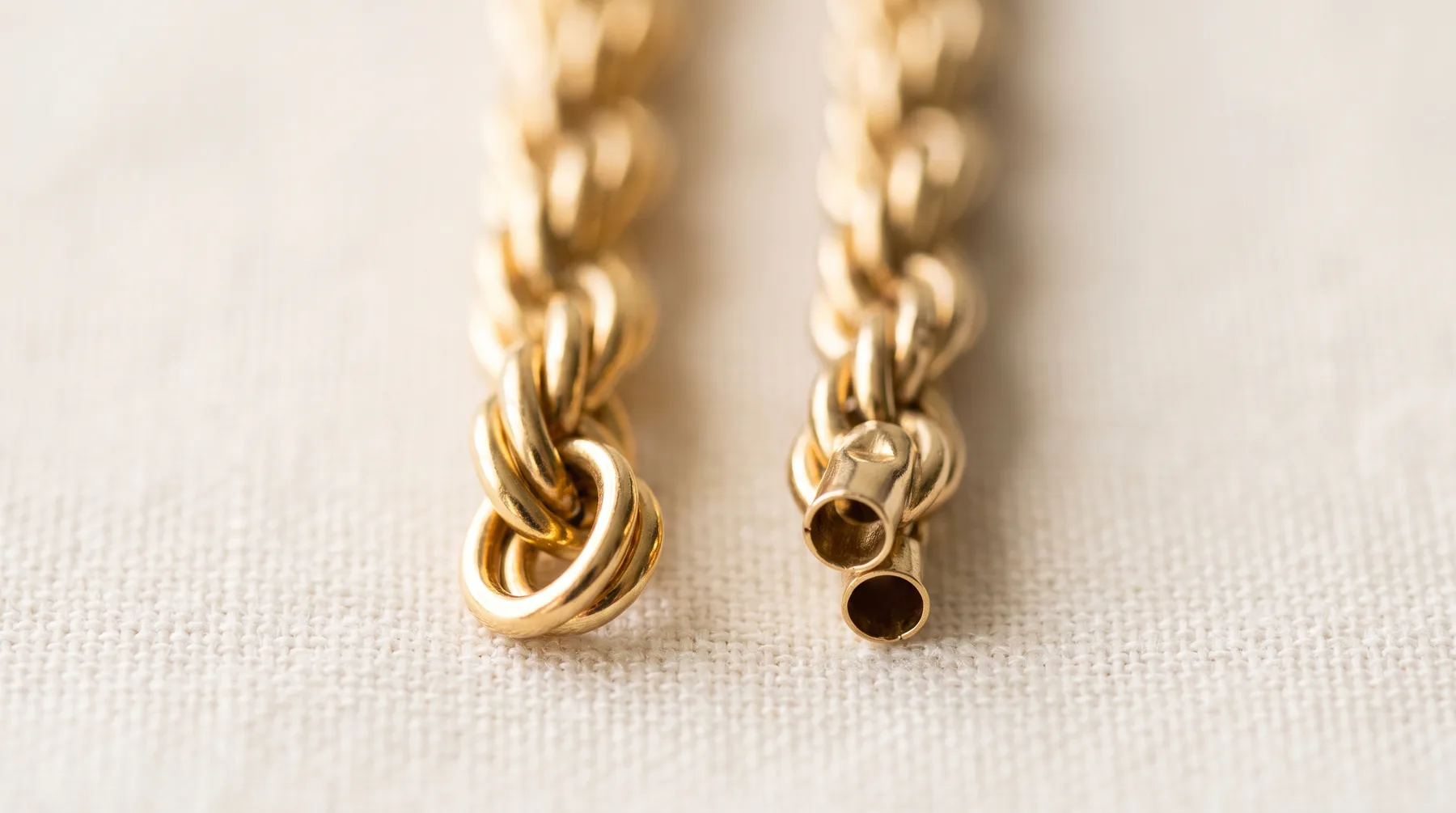 Close-up of the cut ends of two gold rope chains on cream linen: the chain on the left ends in loops of solid gold wire, while the chain on the right ends in open tubes, showing the hollow interior of its links.