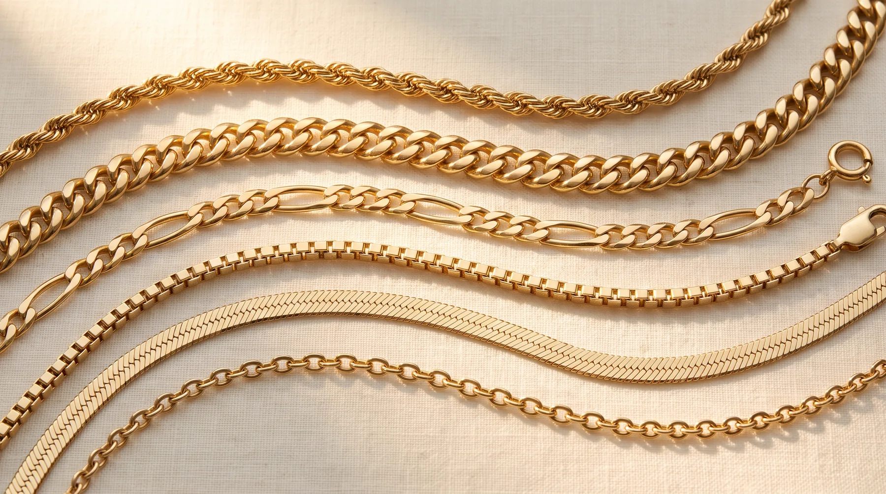 Six gold-toned chain necklaces lie in wavy diagonal rows on a light linen background, showing rope, curb, figaro, box, herringbone, and cable link styles.